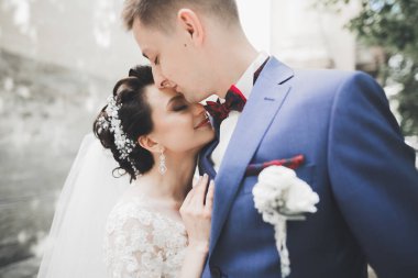 Lüks evli çift, gelin ve damat eski şehirde poz veriyor.