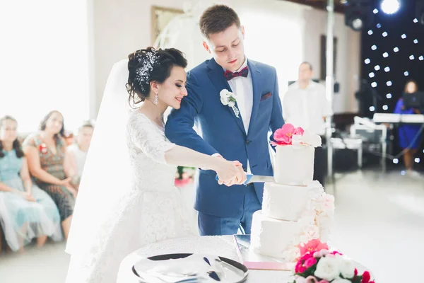 Nevěsta a ženich na svatbě krájí svatební dort — Stock fotografie