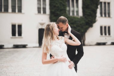 Mükemmel bir çift gelin ve damat düğün günlerinde poz verip öpüşürler.