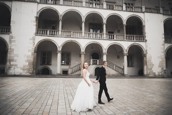 Güzel mutlu bir düğün çifti, uzun beyaz elbiseli gelin. — Stok fotoğraf