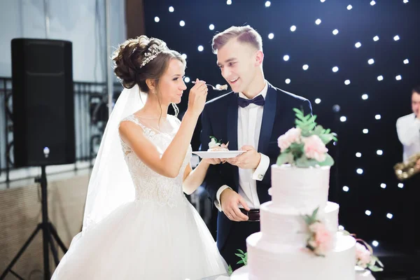 Noiva e noivo no casamento cortando o bolo de casamento — Fotografia de Stock