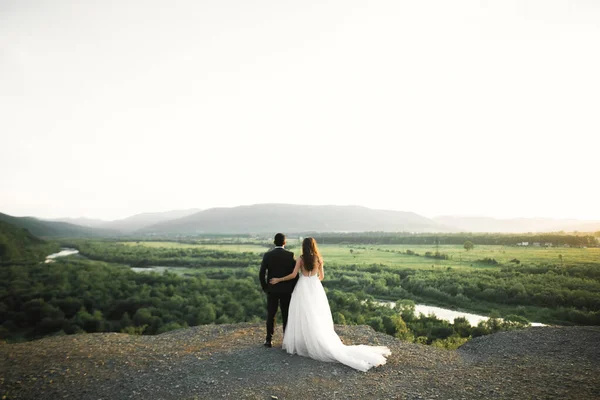 Красивая свадебная пара останавливается над красивым ландшафтом — стоковое фото