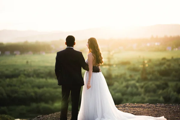 Casamento romântico momento, casal de recém-casados sorrindo retrato, noiva e noivo abraçando — Fotografia de Stock