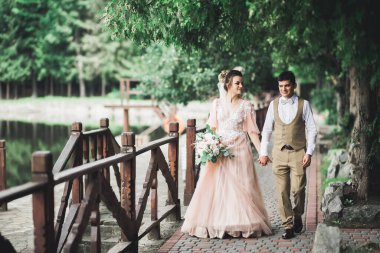 Düğün günü el ele tutuşan çift, damat ve gelin.