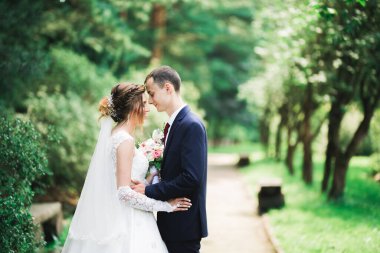 Göz kamaştırıcı mutlu çift birbirine yakın duruyor ve gözlerinin içine bakıyor.