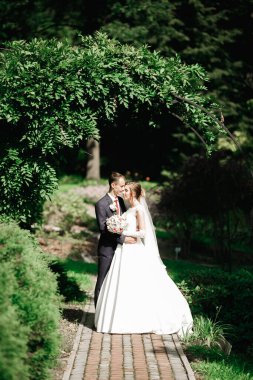 Romantik düğün anı, yeni evli çiftin gülümseyen portresi, gelin ve damadın kucaklaşması