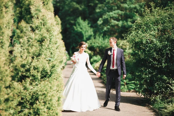 Elegante pareja de recién casados felices caminando en el parque el día de su boda con ramo —  Fotos de Stock