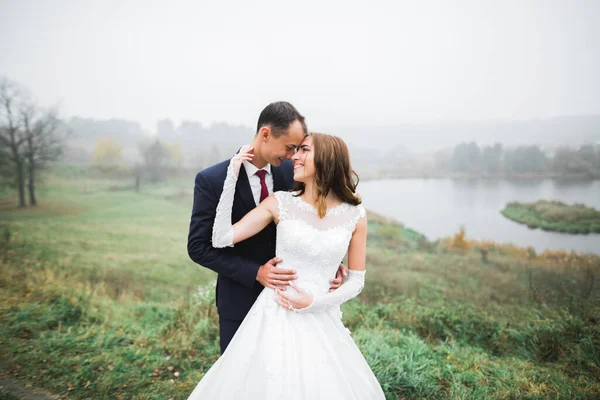 Romantisches, märchenhaftes, glückliches Brautpaar, das sich im Park umarmt und küsst, Bäume im Hintergrund — Stockfoto