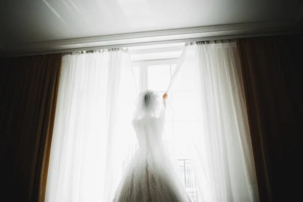 新娘穿着时尚婚纱，羽毛飘逸，妆容华丽，发型华丽的美丽肖像 — 图库照片