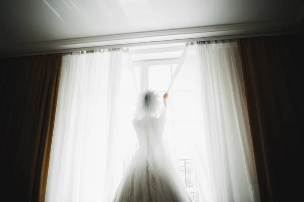 Retrato de belleza de la novia con vestido de novia de moda con plumas con maquillaje y peinado de lujo deleite — Foto de Stock