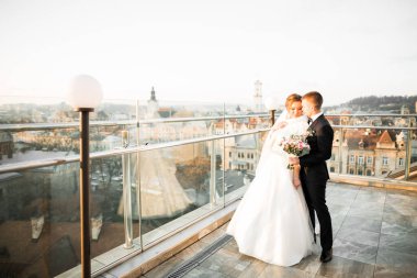 Romantik düğün anı, yeni evli çiftin gülümseyen portresi, gelin ve damadın kucaklaşması