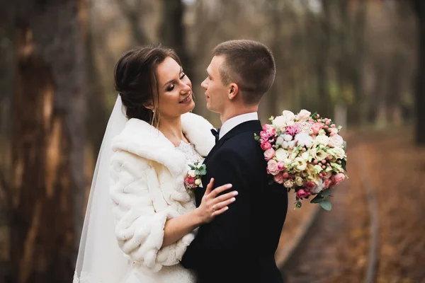 Romántico, cuento de hadas, feliz pareja recién casada abrazándose y besándose en un parque, árboles en el fondo — Foto de Stock