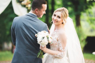 Romantik düğün anı, yeni evli çiftin gülümseyen portresi, gelin ve damadın kucaklaşması