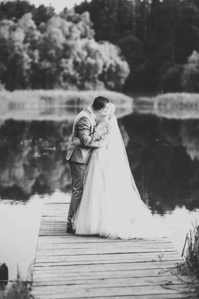 Romantikus esküvő pillanat, pár friss házas mosolygós portré, menyasszony és vőlegény ölelés — Stock Fotó