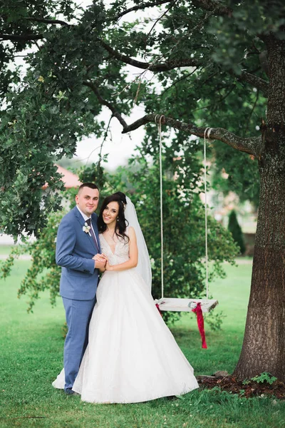 Parkta kucaklaşan yeni evli çiftin güzel romantik düğünü. — Stok fotoğraf