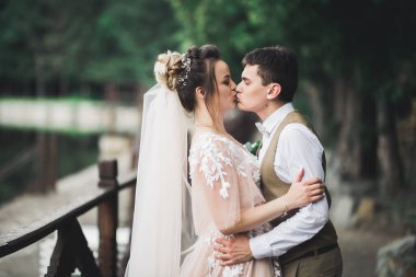 Düğün çift doğa yakın çekim portre öpüşme