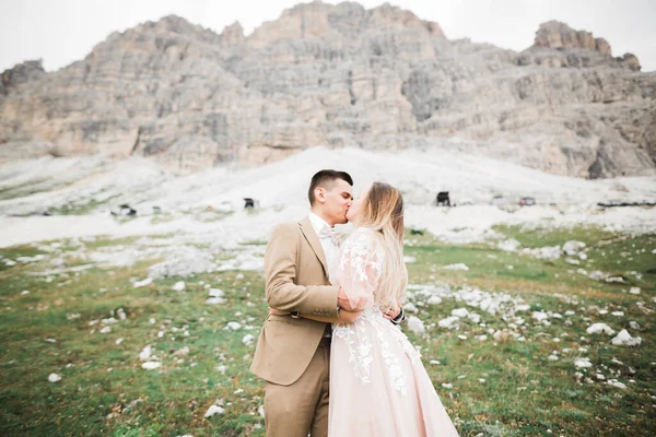 Net getrouwd stel zoenen, bergen landschap in de sneeuw op de achtergrond — Stockfoto