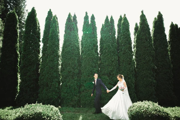 Elegante pareja de recién casados felices caminando en el parque el día de su boda con ramo —  Fotos de Stock