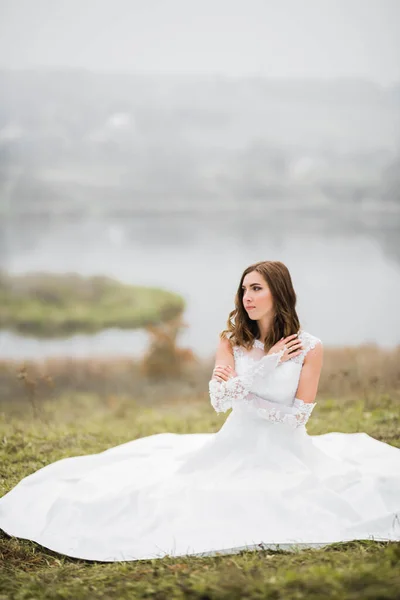 Bellezza ritratto di sposa che indossa abito da sposa di moda con piume con lusso delizia make-up e acconciatura — Foto Stock