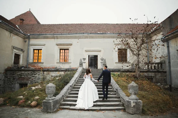 Boda en un lugar hermoso. Pareja de boda, novia y novio tomados de la mano y subiendo las escaleras — Foto de Stock