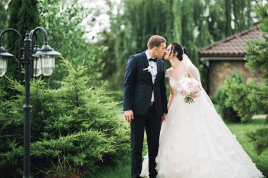 Güzel gelin ve damat evlendikleri gün kucaklaşıp öpüşüyorlar.