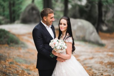 Parkta kucaklaşan yeni evli çiftin güzel romantik düğünü.