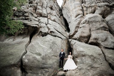 Harika bir gelin damada poz veriyor ve harika manzaralı dağlarda eğleniyor. Mesajlaşacak yer, düğün çifti.