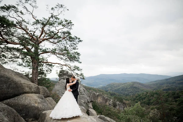 Bella sposa splendida in posa per lo sposo e divertirsi vicino a montagne con vista incredibile, spazio per il testo, coppia di nozze — Foto Stock