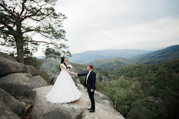 산 속에서 놀고 있는 아름다운 신부가 멋진 광경을 보며 문자와 결혼식을 위한 공간을 만들고 있습니다. — 스톡 사진