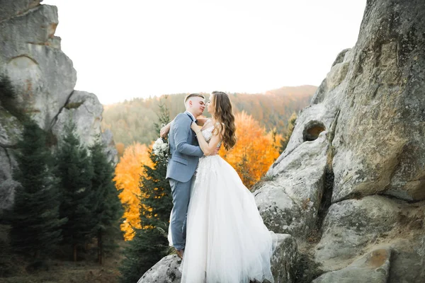 Sol retrato de novia feliz y novio al aire libre en la naturaleza ubicación —  Fotos de Stock