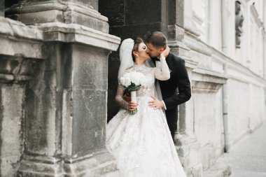 Güzel gelin ve damat evlendikleri gün kucaklaşıp öpüşüyorlar.