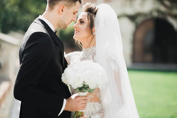Vackra romantiska bröllop par nygifta kramas i parken — Stockfoto