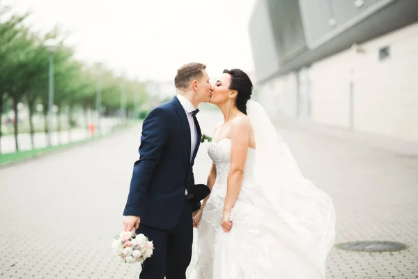 Όμορφη νύφη και γαμπρός αγκαλιάζει και φιλιά την ημέρα του γάμου τους σε εξωτερικούς χώρους — Φωτογραφία Αρχείου
