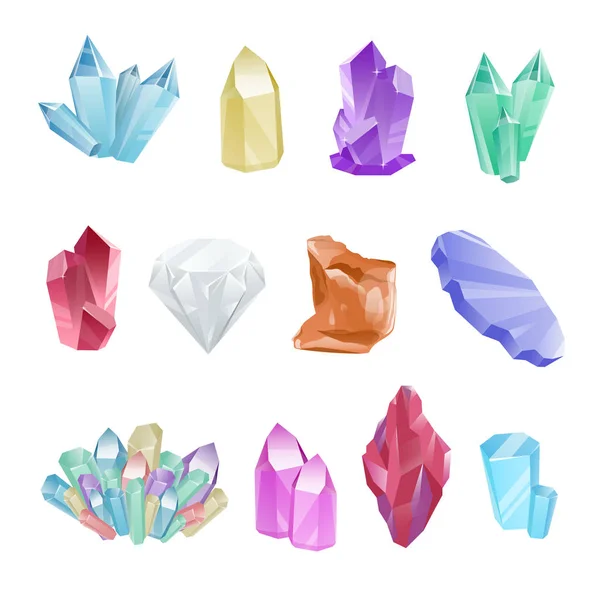 Ensemble minéraux colorés, cristaux, gemmes, diamants — Image vectorielle