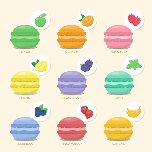 Ensemble de macarons aux goûts différents — Image vectorielle