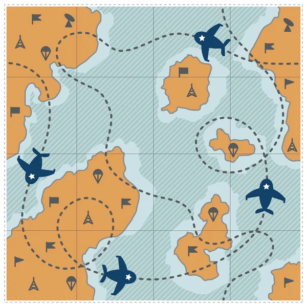 Mapa com rota pontilhada, aviões — Vetor de Stock