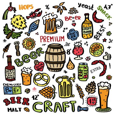 El yapımı bira çizimi elementler. 