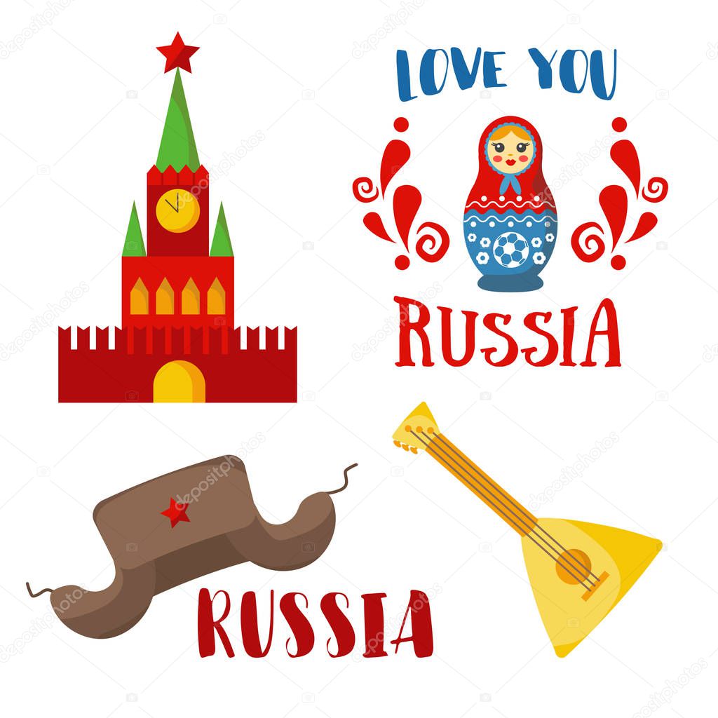 Russia icon, badge set. Vector collection - Russian culture, symbols, cathedral, russian doll, balalaika, hat with ear flaps. Isolated on white. Russian folk art. Flat design. Retro russia style.
