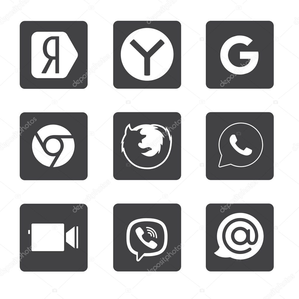 Set of popular social media logos: Instagram, Facebook, Twitter, Youtube, WhatsApp, LinkedIn, Pinterest, Blogger and others.
