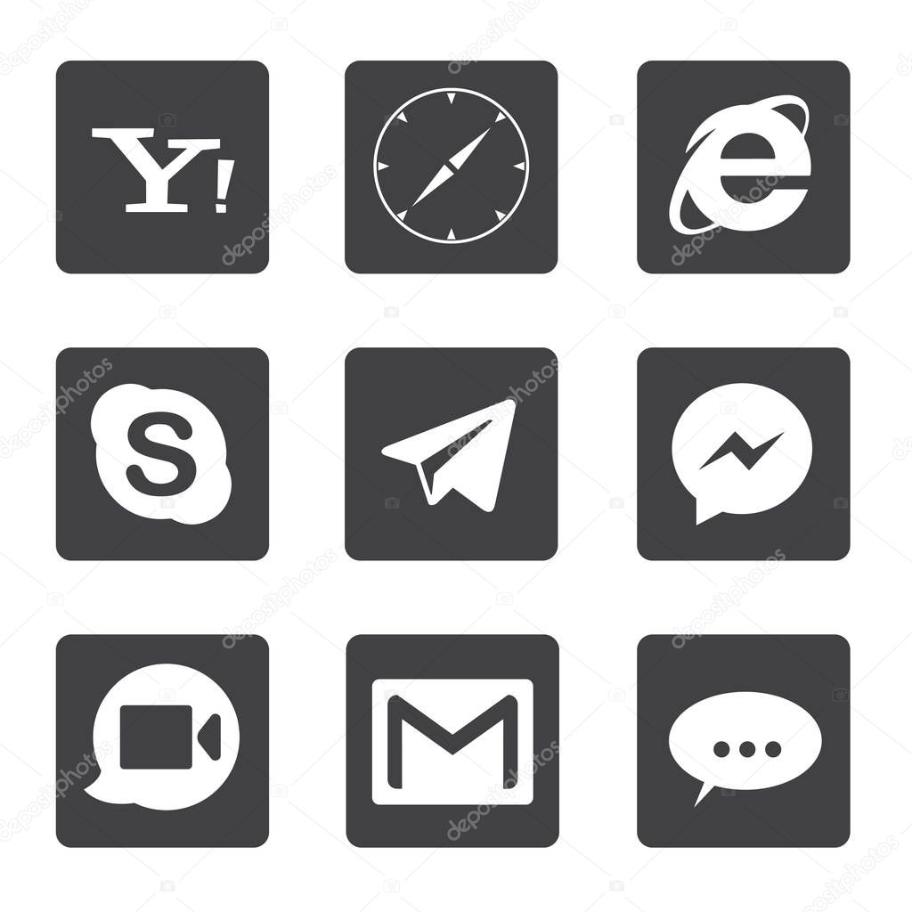 Set of popular social media logos: Instagram, Facebook, Twitter, Youtube, WhatsApp, LinkedIn, Pinterest, Blogger and others.
