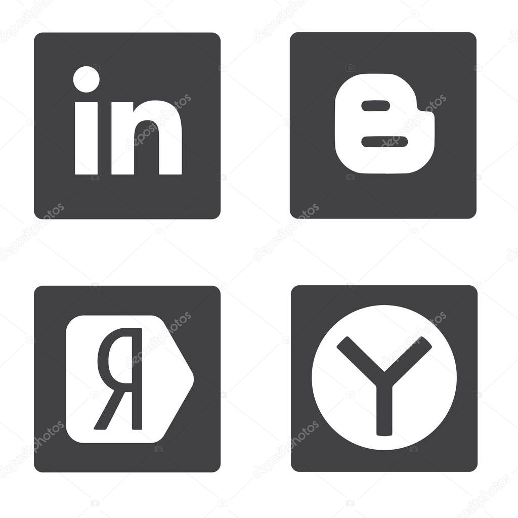 Set of popular social media logos: Instagram, Facebook, Twitter, Youtube, WhatsApp, LinkedIn, Pinterest, Blogger and others.
