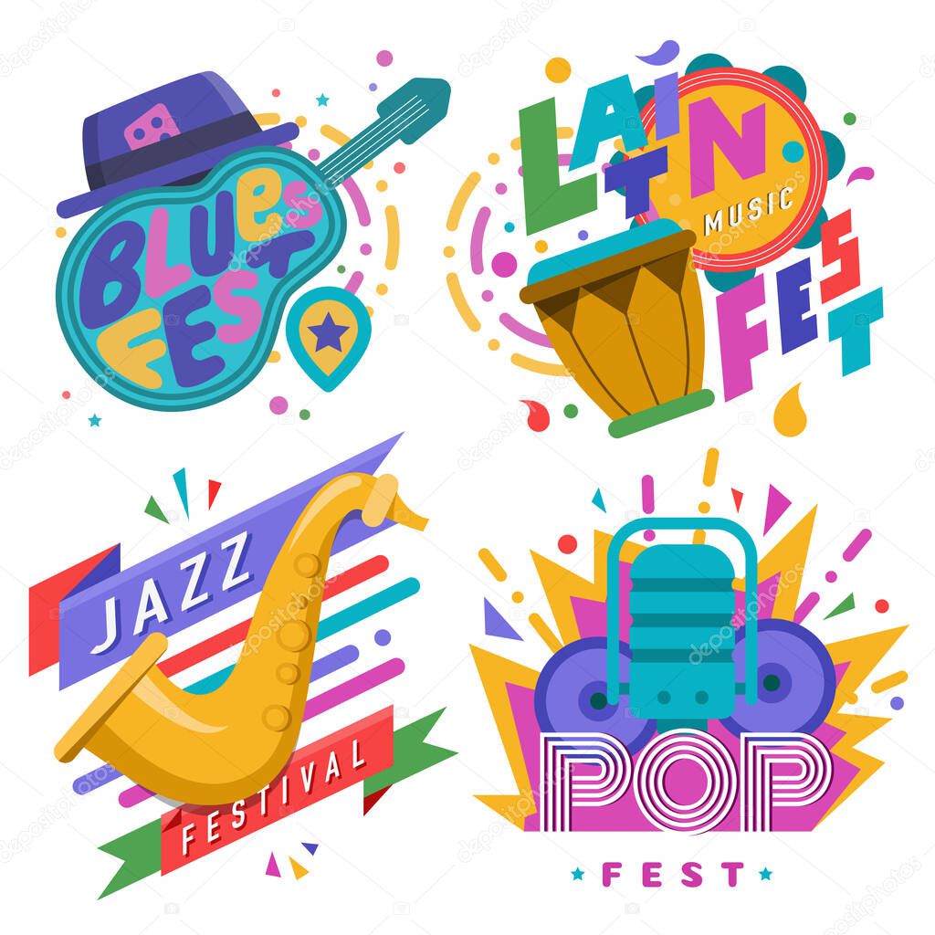 Music festivals emblem set, invitation for event. Jazz fest, Pop, Blues, Ethnic, Chanson, Trance, Downtempo, Drum n bass, Classic fest, Techno, IDM, Raggae, Hip Hop, East music festival. Vector badge