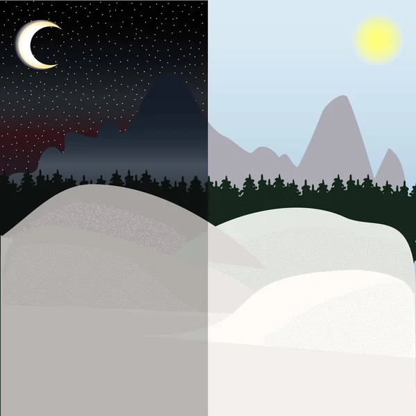 Kış. Gece ve gündüz. Dağlar, orman ve kar alanlarının.