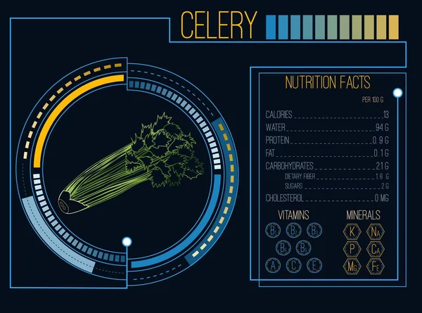 Celer. Výživa fakta. Vitamíny a minerály. Futuristické rozhraní. HUD infografika prvky. Plochý design, žádný přechod. Vektorové ilustrace — Stockový vektor