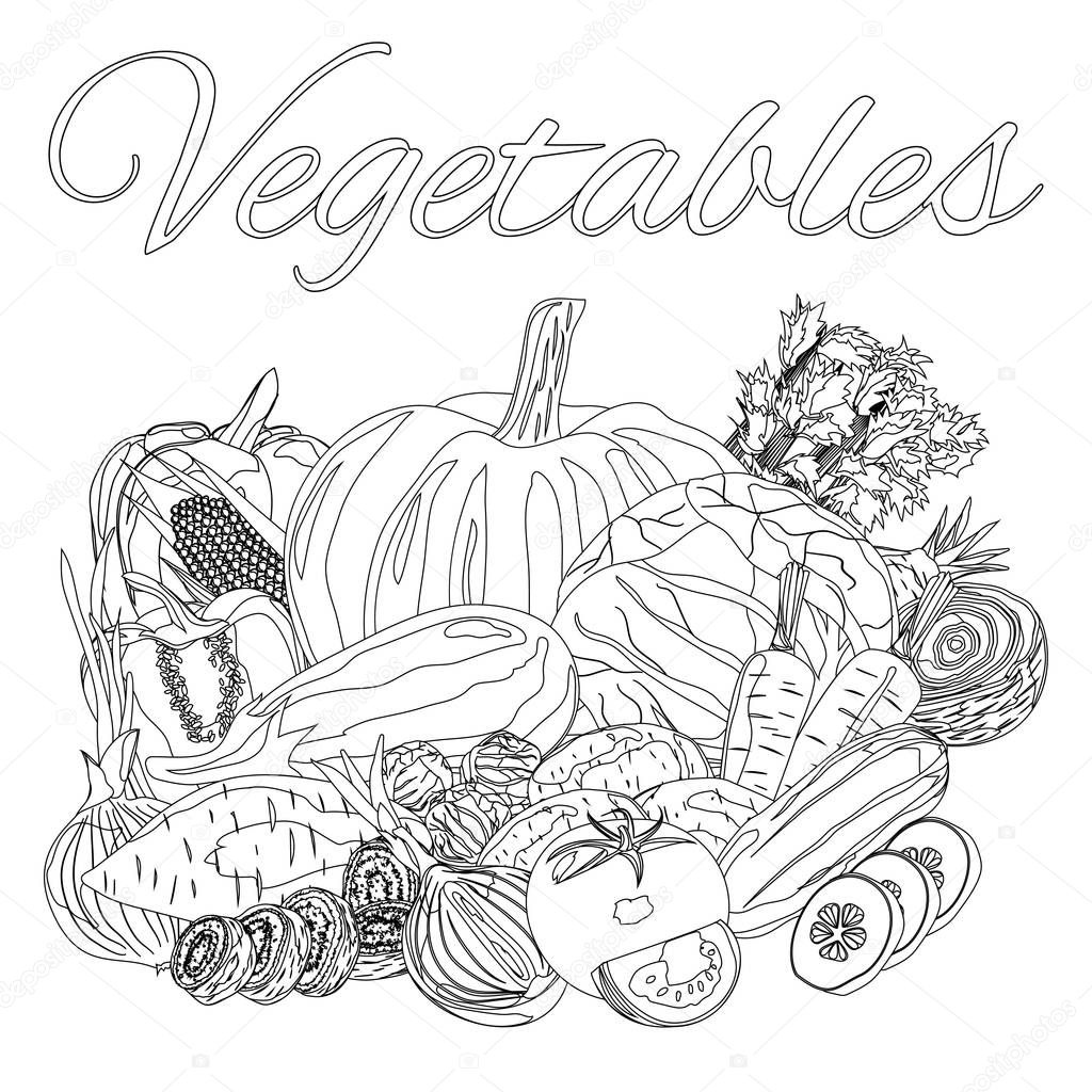 Vegetables. Vector illustration. Black and White Pattern. Page f