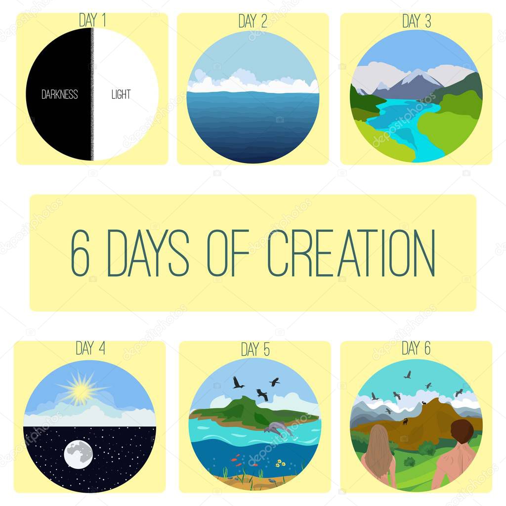 Six days of Creation.Genesis.  Bible creation story pictures.Inf
