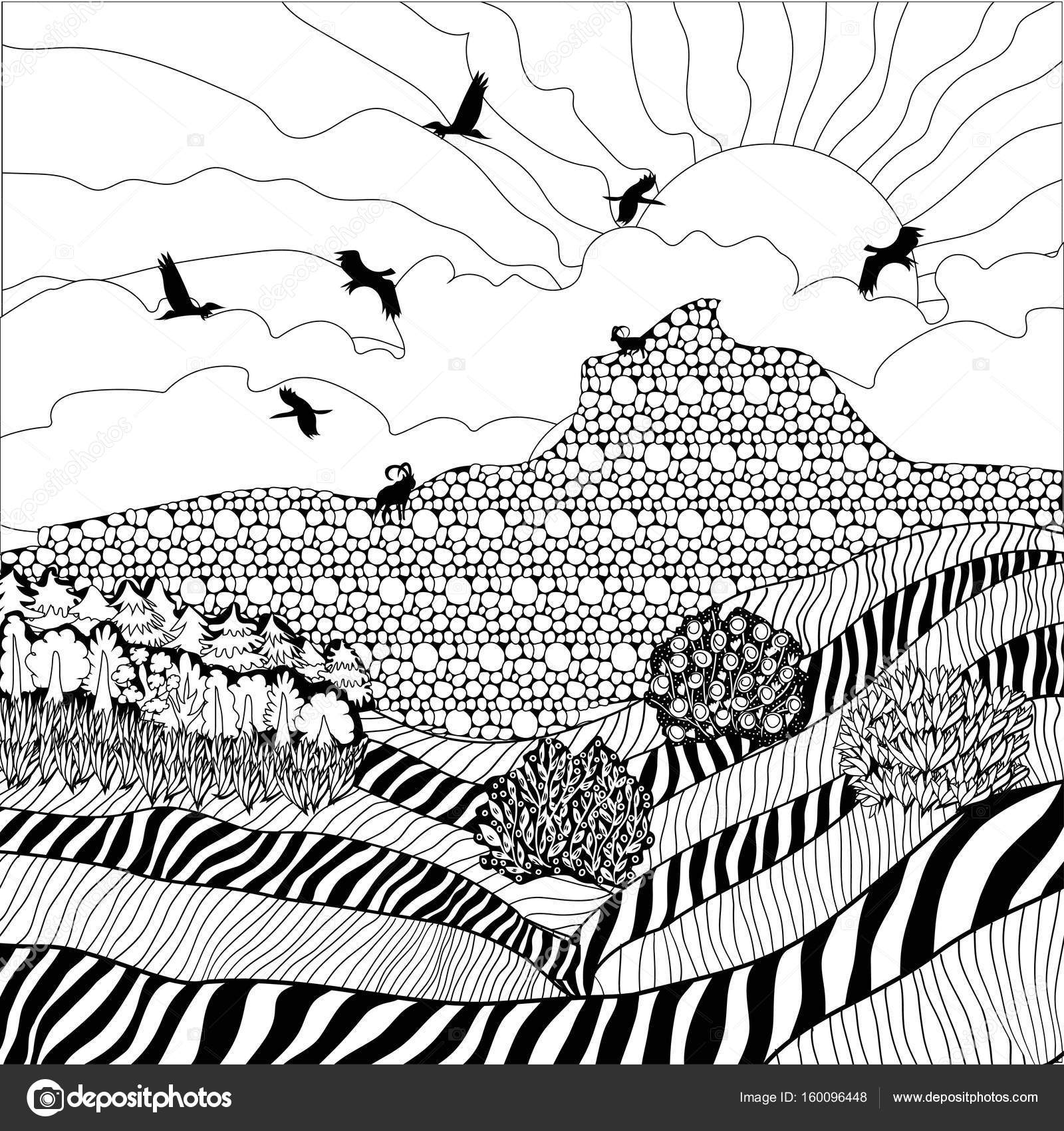 Paesaggio di estate con prati montagne foresta uccelli e stambecchi Illustrazione di vettore Libro da colorare Zentangle Doodle
