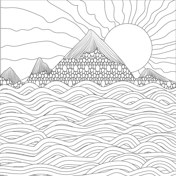 Deniz, dağlar ile manzara ve beyaz bir arka plan üzerinde güneş. Ve