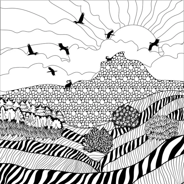 Yaz, yatay, çayırlar, dağlar, orman, kuşlar ve IBI