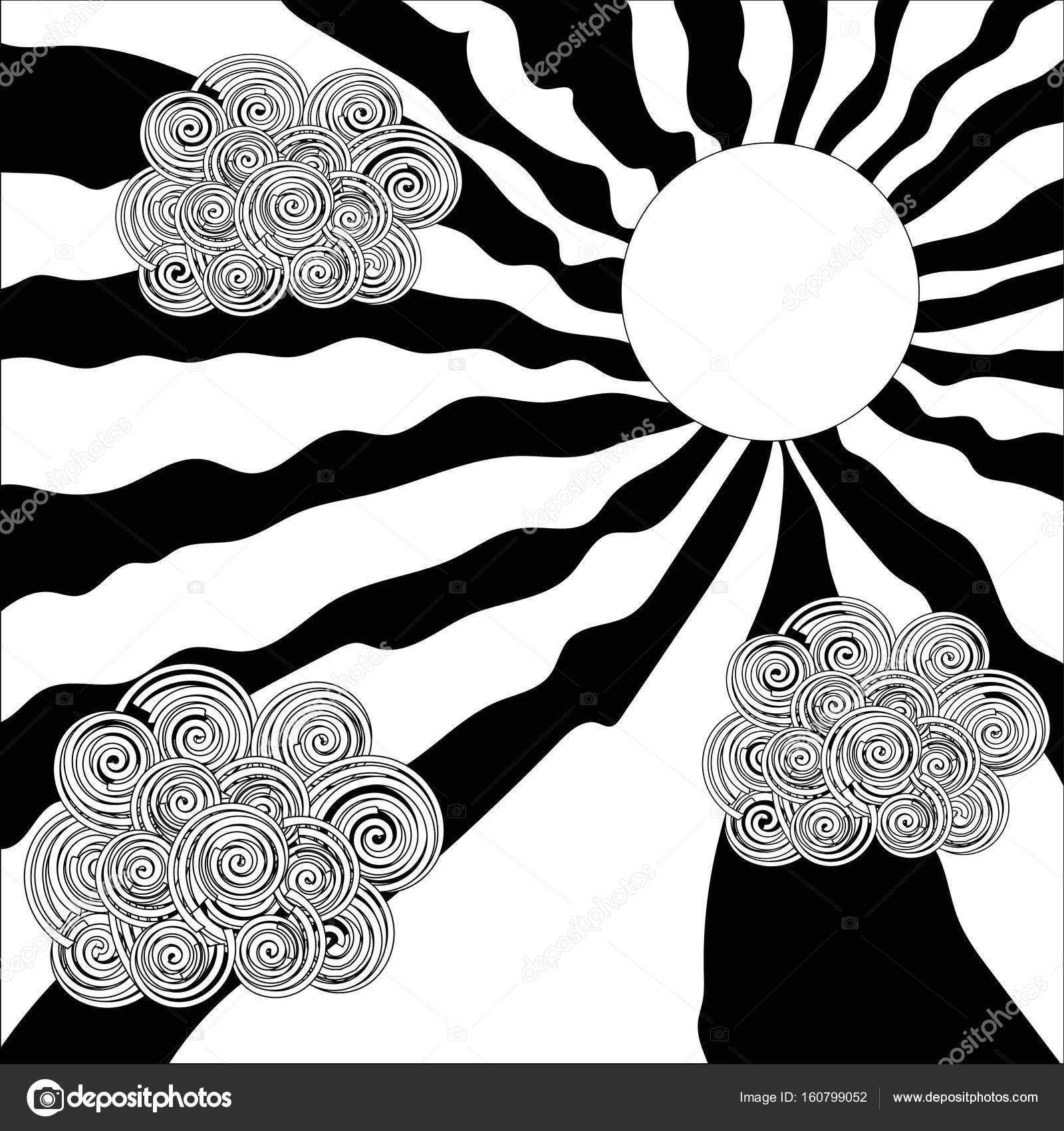 Sole e nuvole Illustrazione di vettore Campione di bianco e nero Pagina per libro da colorare Doodle Zentangle — Vettoriali di satarova avail